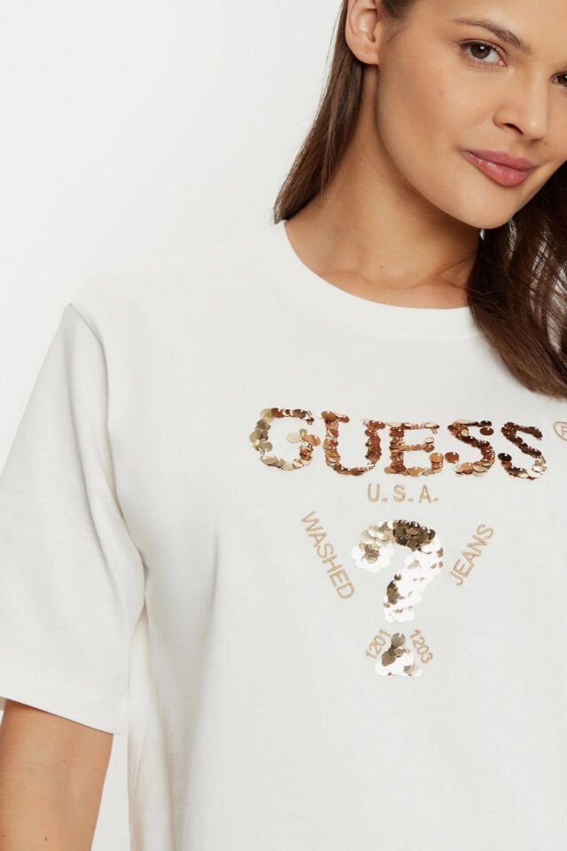 Guess Payetli Önü Logolu T-shirt Ekru