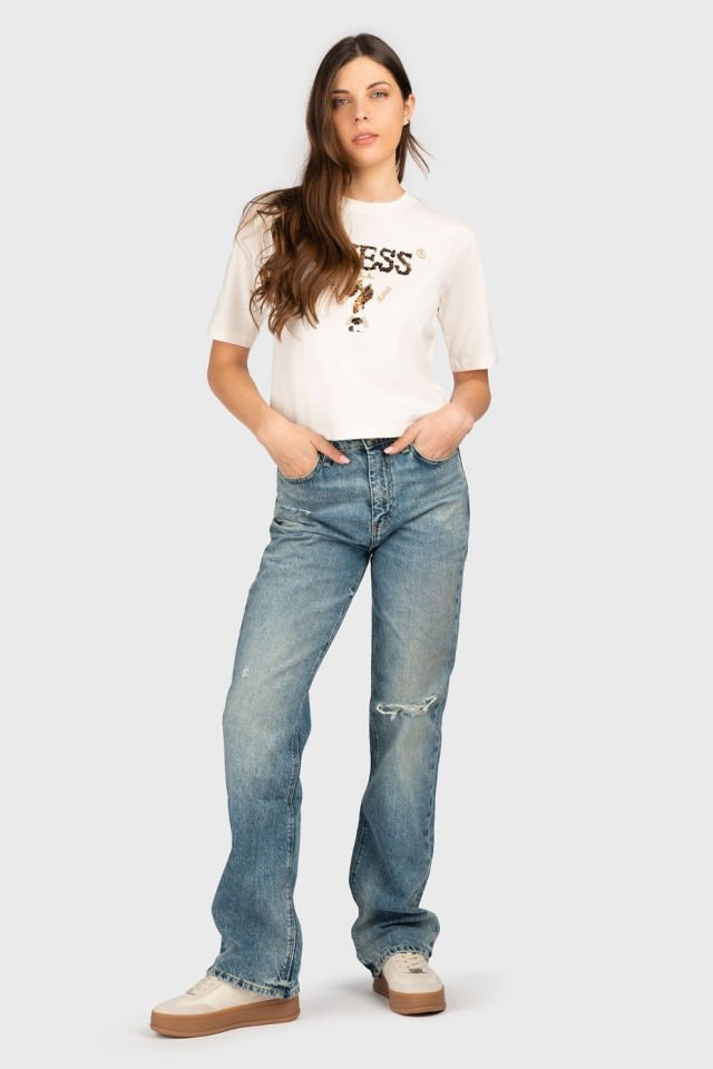 Guess Payetli Önü Logolu T-shirt Ekru