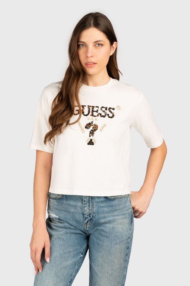 Guess Payetli Önü Logolu T-shirt Ekru