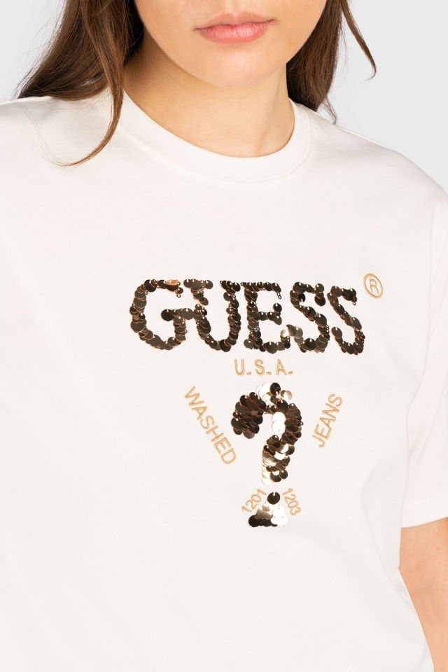 Guess Payetli Önü Logolu T-shirt Ekru
