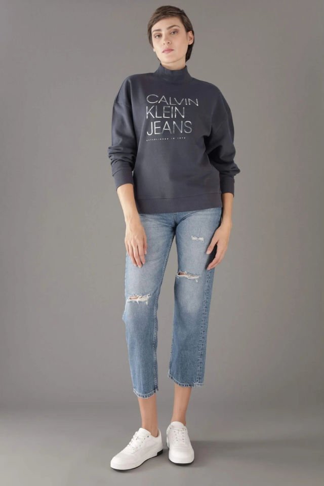 Calvin Klein Jeans Kadın İşlemeli Logo Sweatshirt Mavi