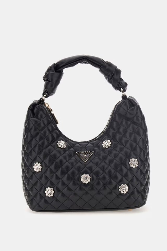 Guess Everlee Çiçek Detaylı Mini Hobo Çanta Siyah
