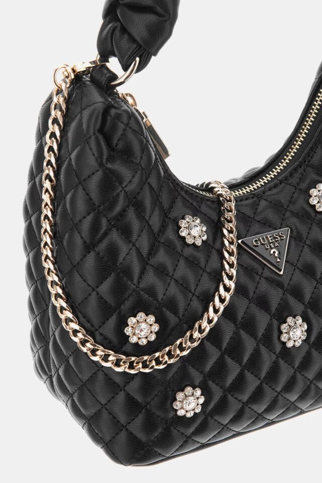 Guess Everlee Çiçek Detaylı Mini Hobo Çanta Siyah