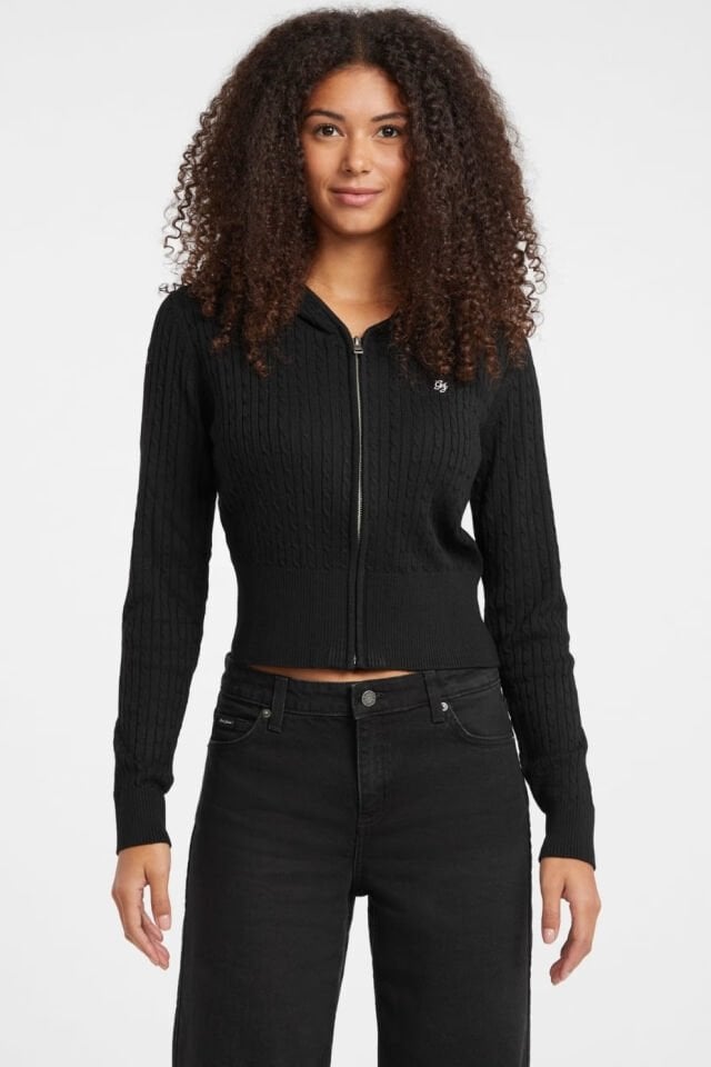 Guess Kablo Örgülü Kapüşonlu Hırka Siyah