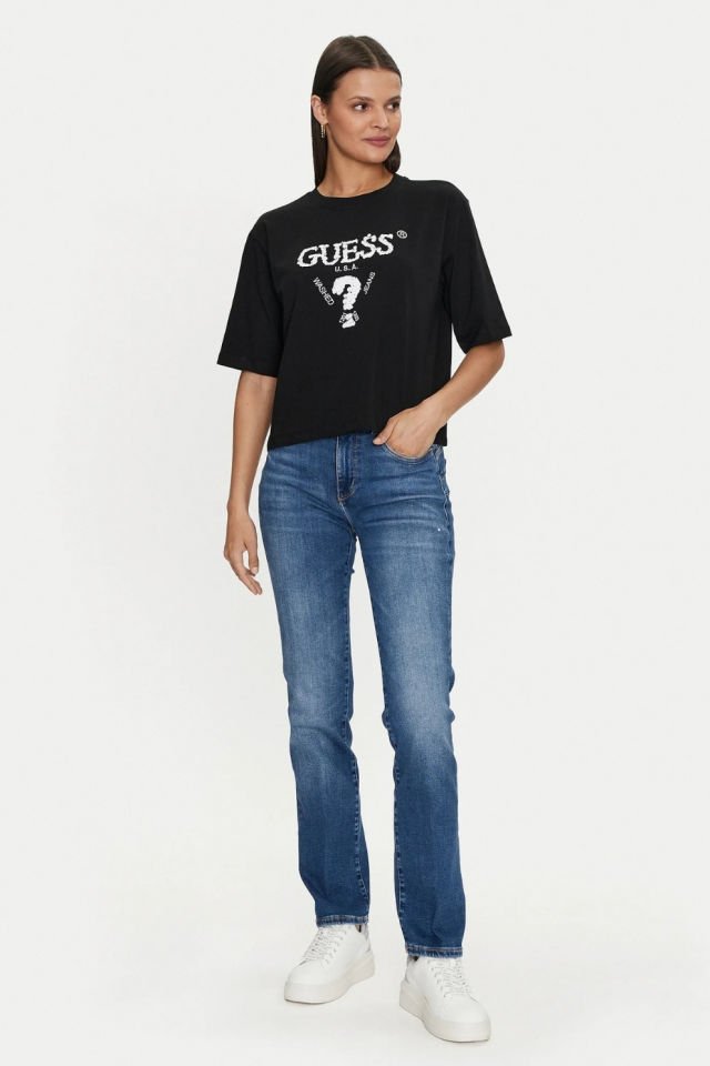 Guess Payetli Önü Logolu T-shirt Siyah
