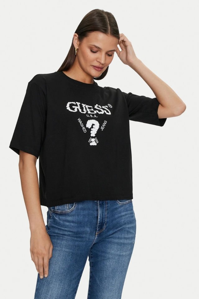 Guess Payetli Önü Logolu T-shirt Siyah