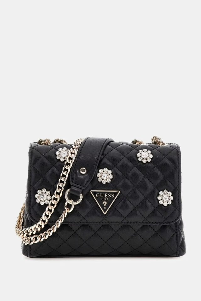 Guess Everlee Taşlı Çiçek Detaylı Çapraz Çanta Siyah