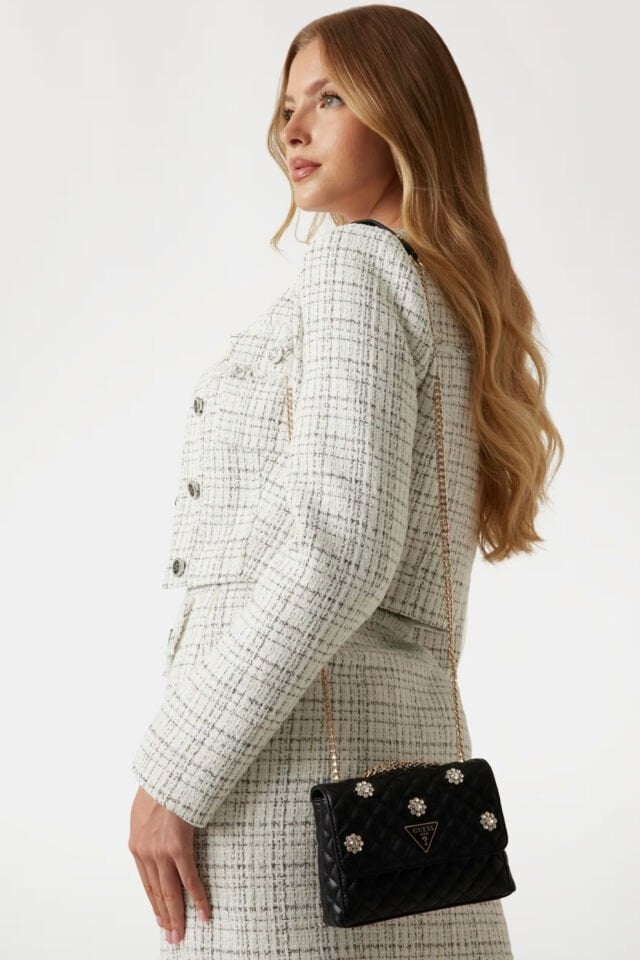 Guess Everlee Taşlı Çiçek Detaylı Çapraz Çanta Siyah