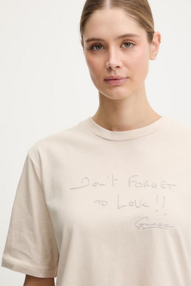 Gues Yazılı Pamuklu Regular Fit Bisiklet Yaka Krem