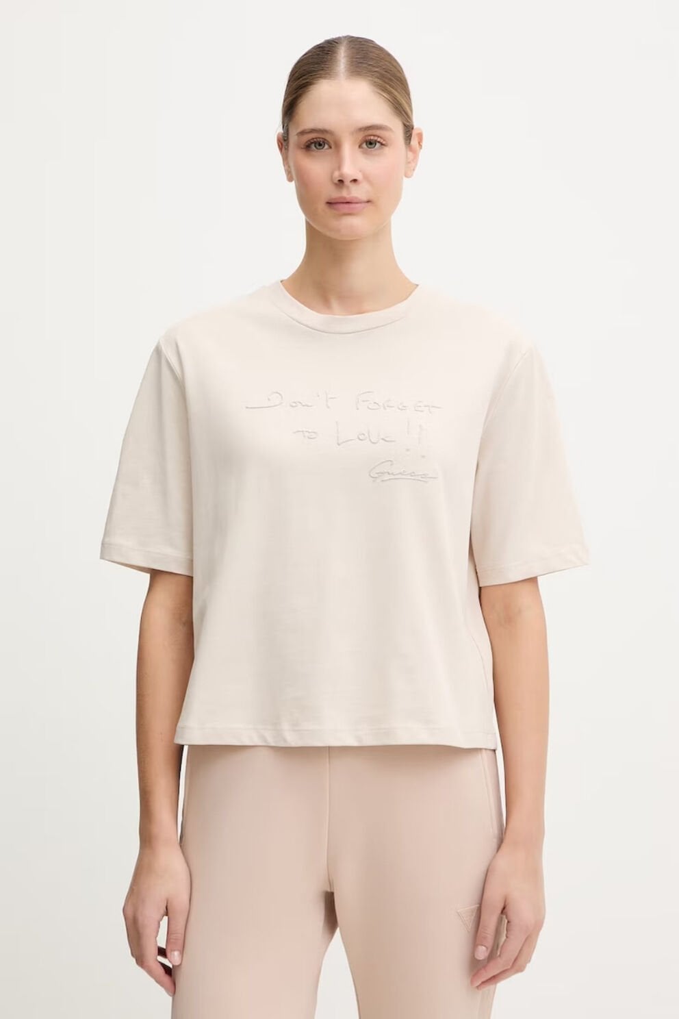 Gues Yazılı Pamuklu Regular Fit Bisiklet Yaka Krem