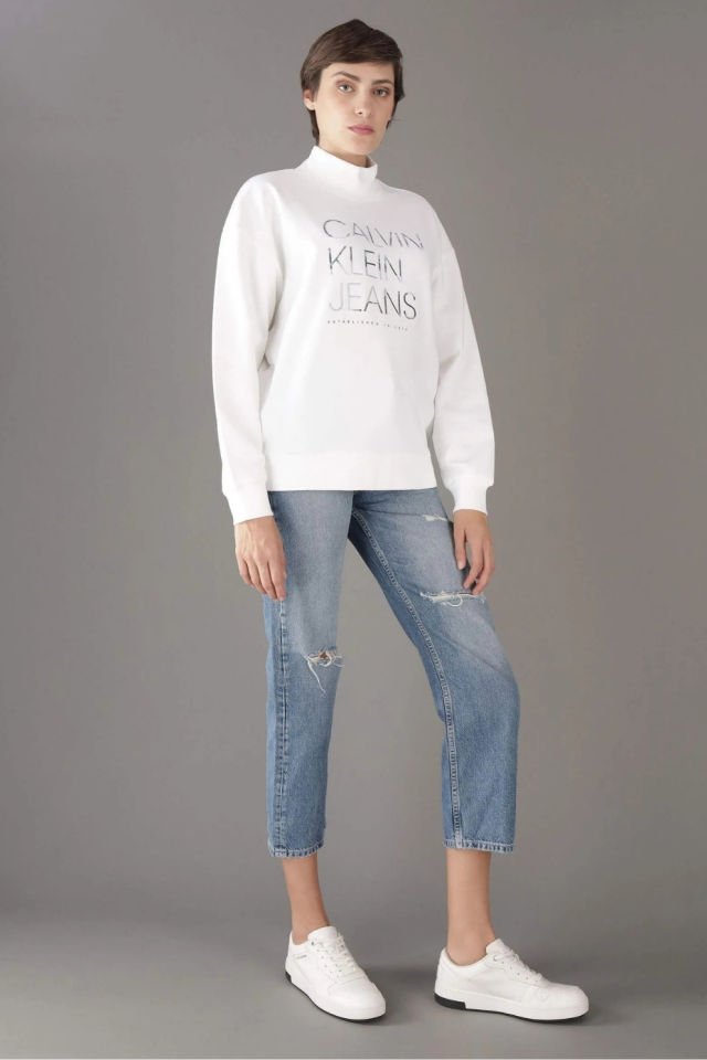 Calvin Klein Jeans Kadın İşlemeli Logo Sweatshirt Beyaz