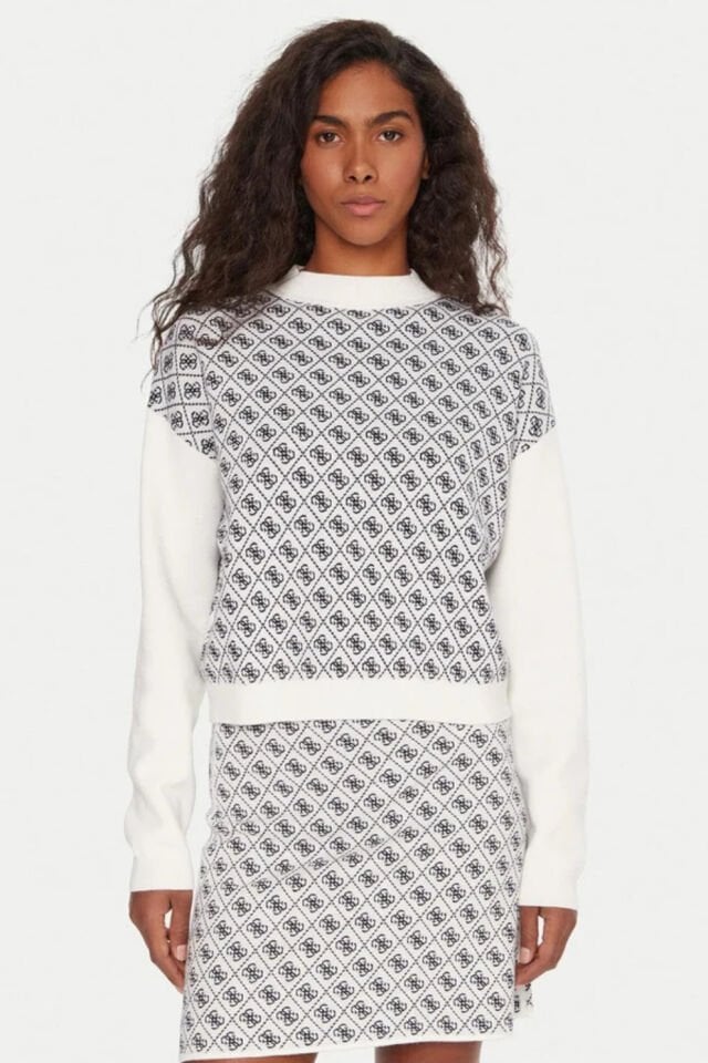 Guess'in Tamamı Mavi Logolu Beyaz Balıkçı Yaka Kazak