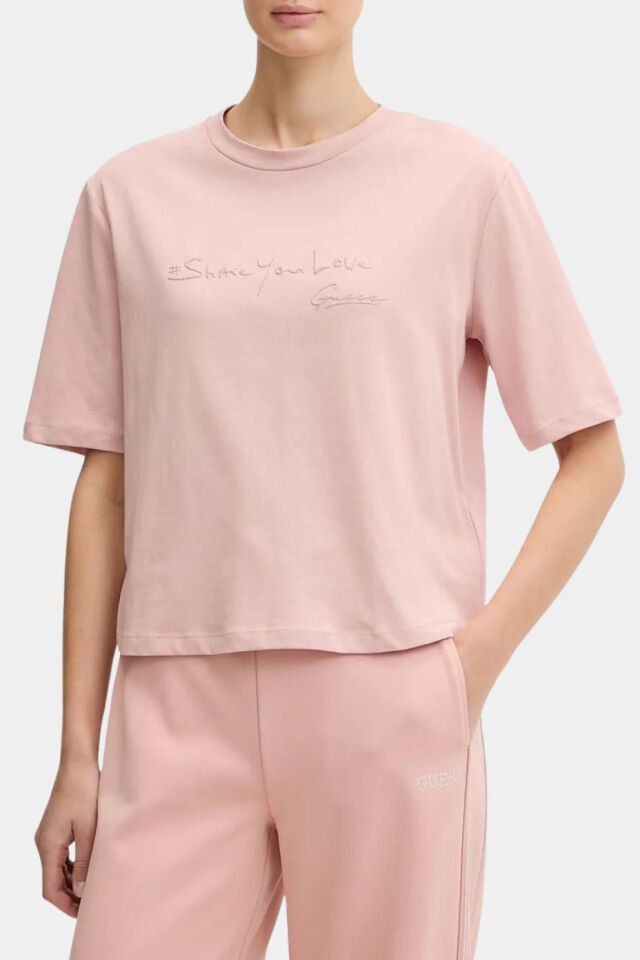 Gues Yazılı Pamuklu Regular Fit Bisiklet Yaka Pembe