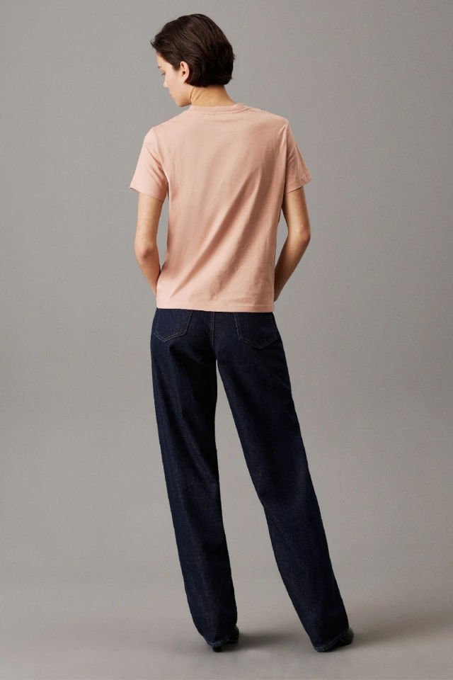 Calvin Klein T-Shirt Dokuma Etiket Normal Jersey Tişört Pembe