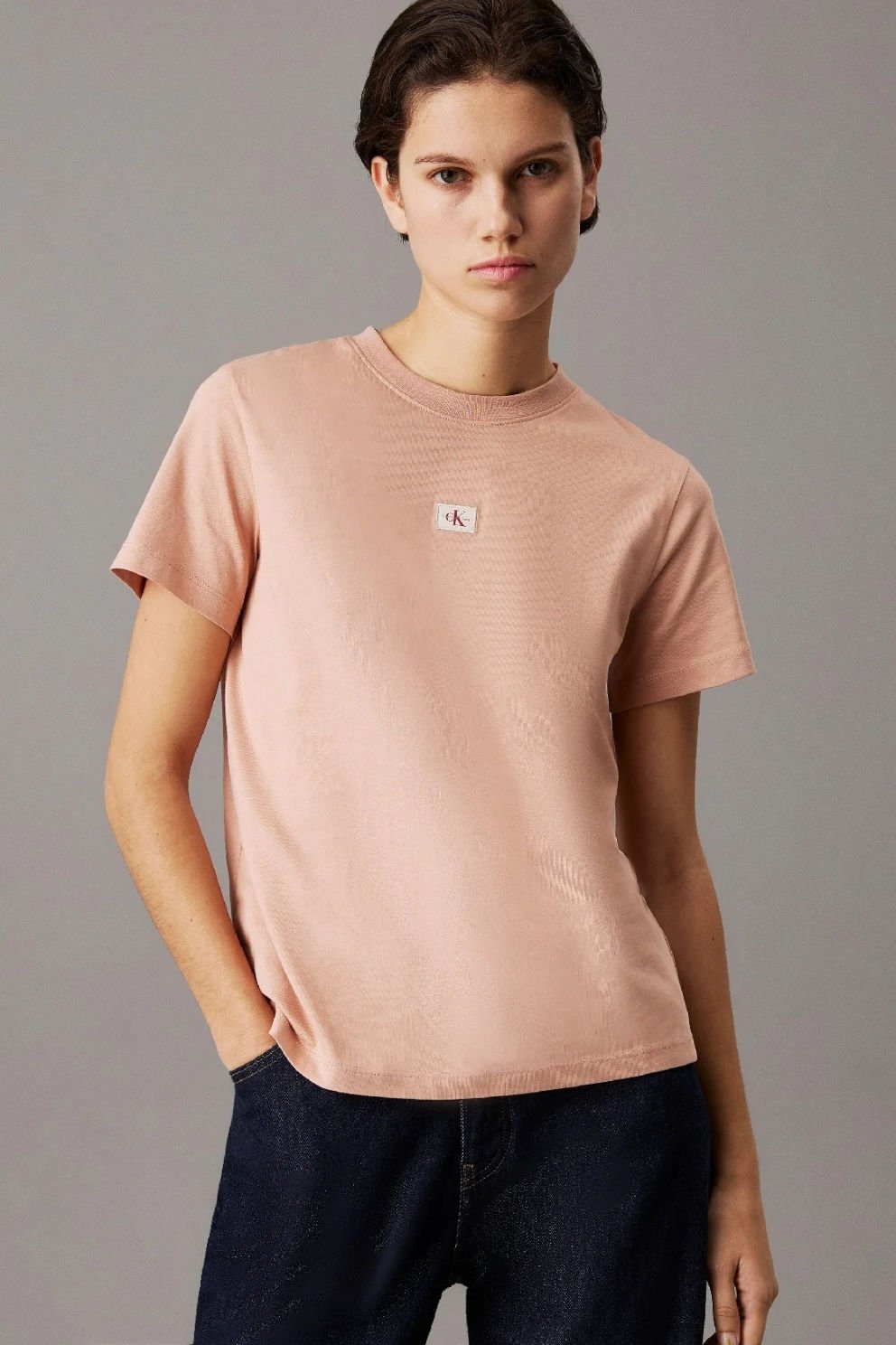 Calvin Klein T-Shirt Dokuma Etiket Normal Jersey Tişört Pembe