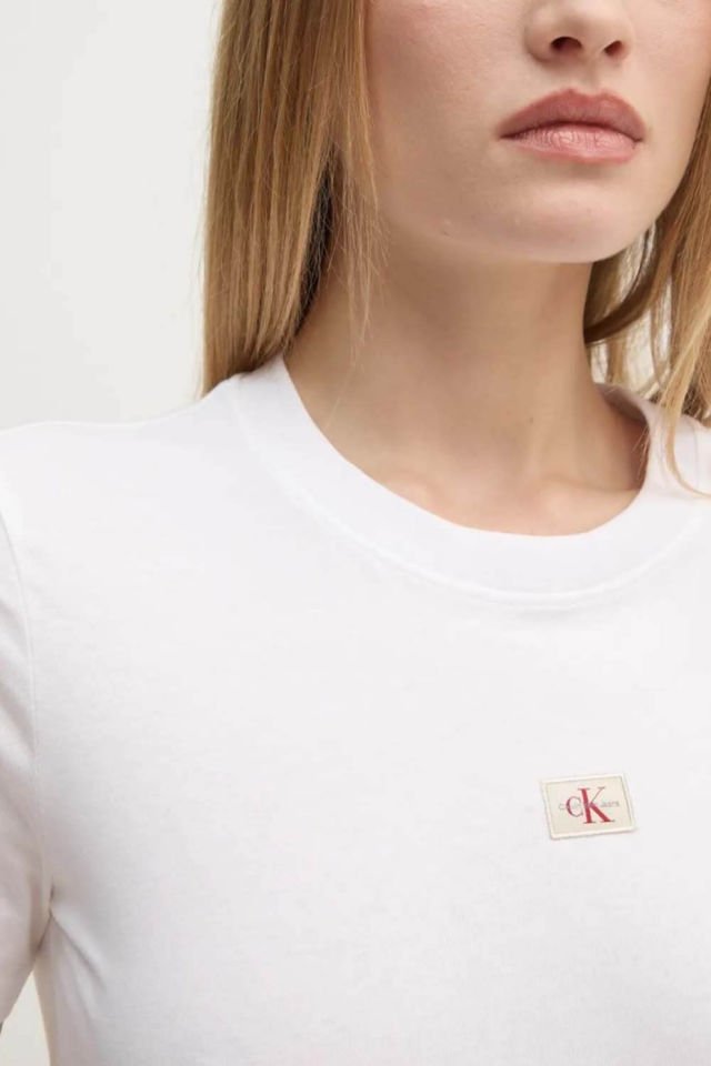 Calvin Klein T-Shirt Dokuma Etiket Normal Jersey Tişört Beyaz