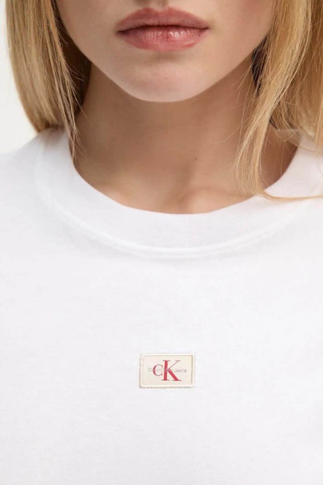 Calvin Klein T-Shirt Dokuma Etiket Normal Jersey Tişört Beyaz