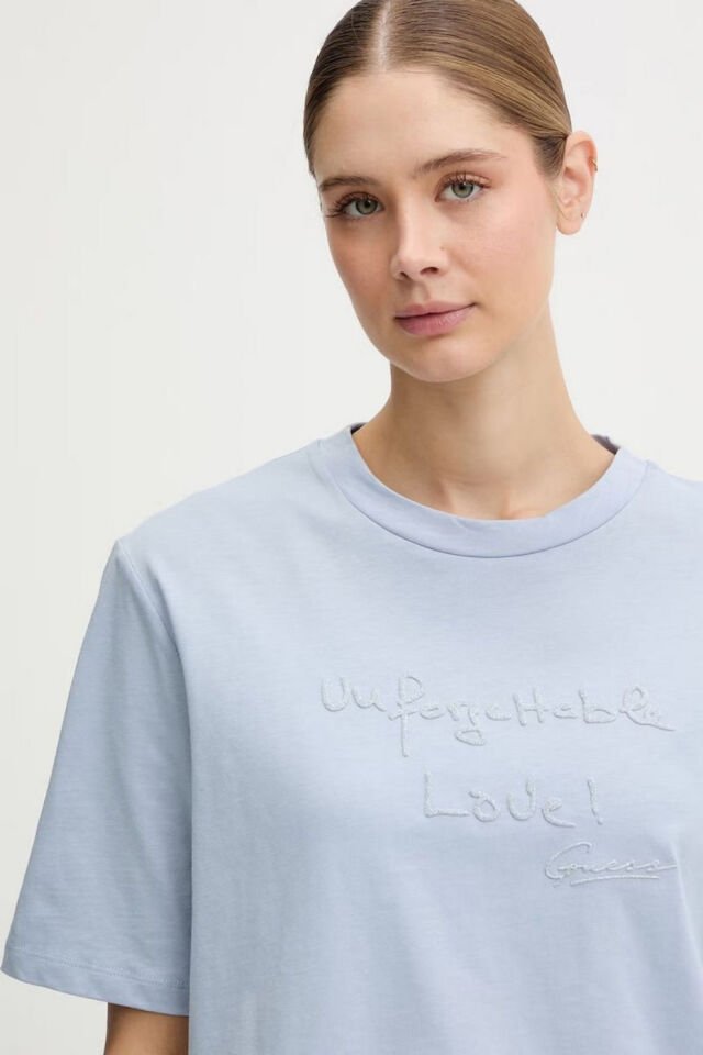 Gues Yazılı Pamuklu Regular Fit Bisiklet Yaka Mavi