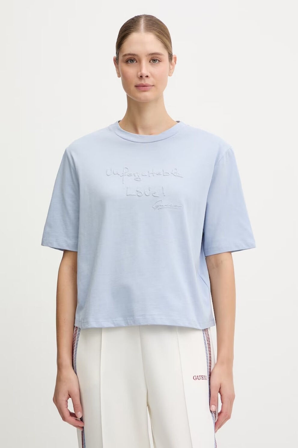 Gues Yazılı Pamuklu Regular Fit Bisiklet Yaka Mavi