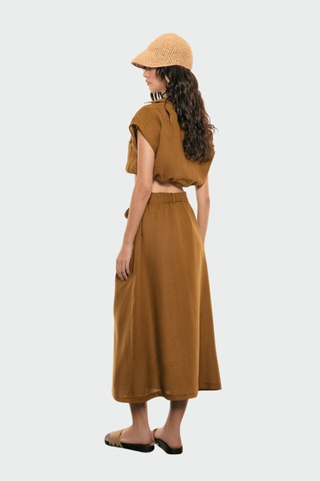 Roman Cep Detaylı Keten Etek Olive