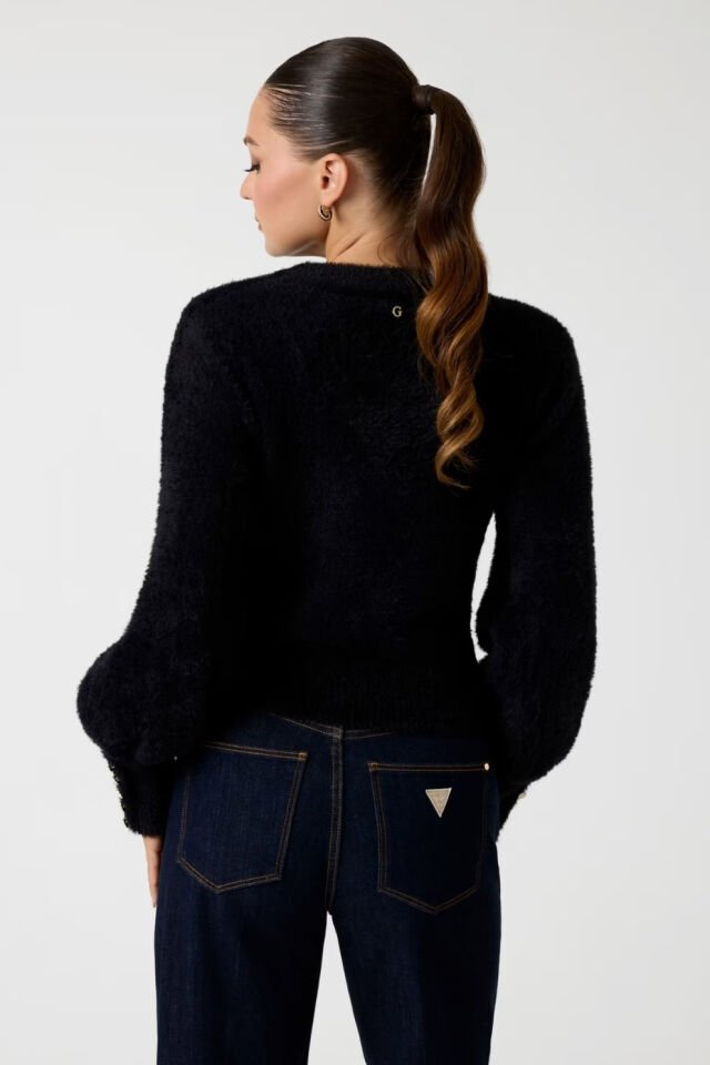 Guess Tüylü Örgü Crop Kesim Kazak Siyah