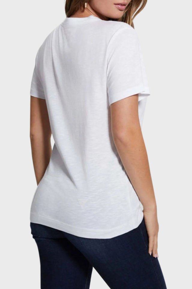 Guess Pyramide Pamuklu Bisiklet Yaka T Shirt Beyaz