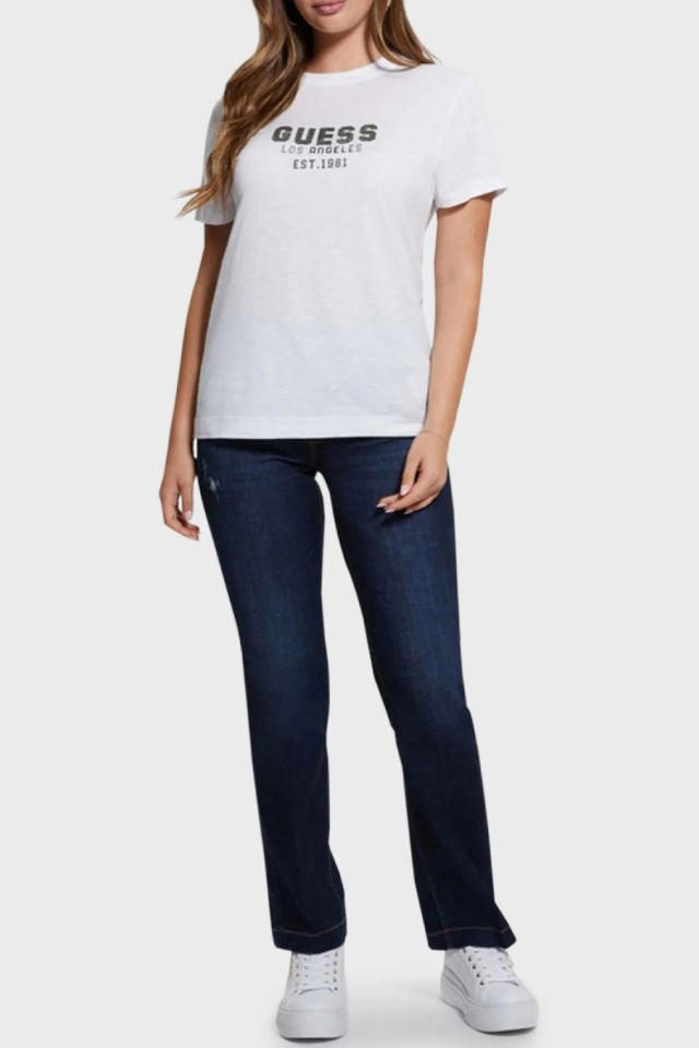 Guess Pyramide Pamuklu Bisiklet Yaka T Shirt Beyaz