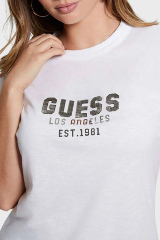 Guess Pyramide Pamuklu Bisiklet Yaka T Shirt Beyaz