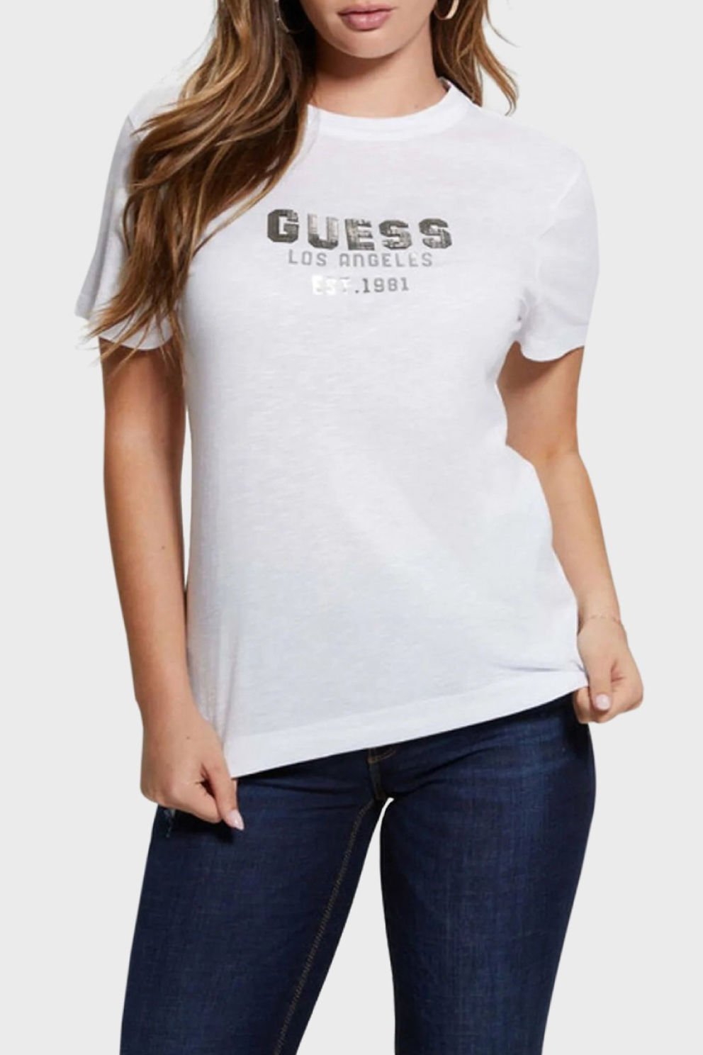 Guess Pyramide Pamuklu Bisiklet Yaka T Shirt Beyaz