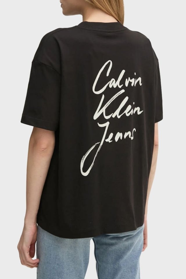 Calvin Klein Logo Baskılı % 100 Pamuk Relaxed Fit Bisiklet Yaka Bayan T Shirt Siyah