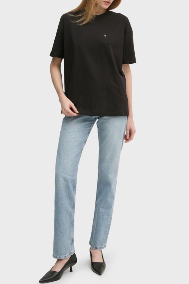 Calvin Klein Logo Baskılı % 100 Pamuk Relaxed Fit Bisiklet Yaka Bayan T Shirt Siyah