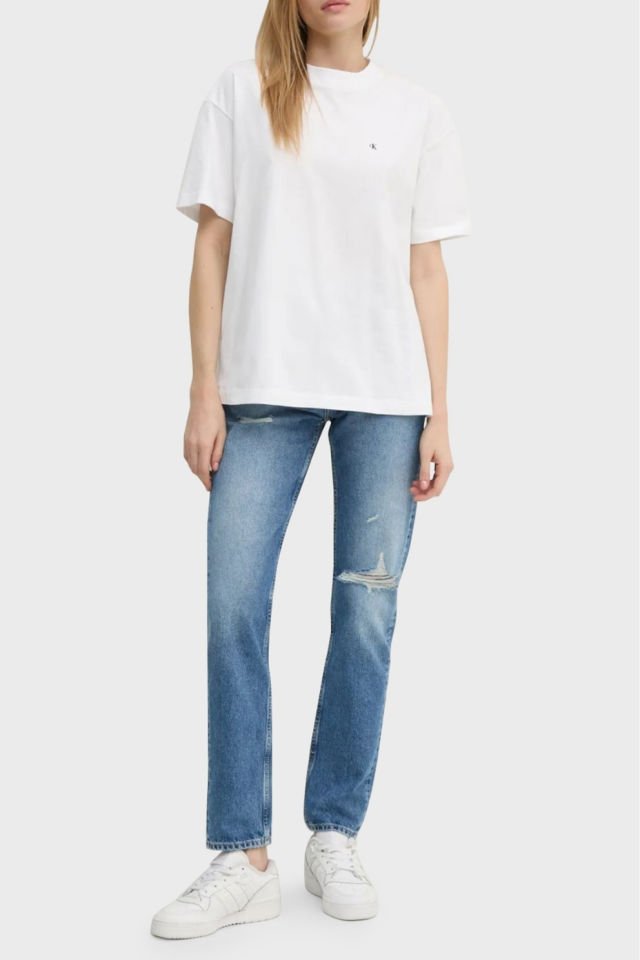 Calvin Klein Logo Baskılı % 100 Pamuk Relaxed Fit Bisiklet Yaka Bayan T Shirt Beyaz