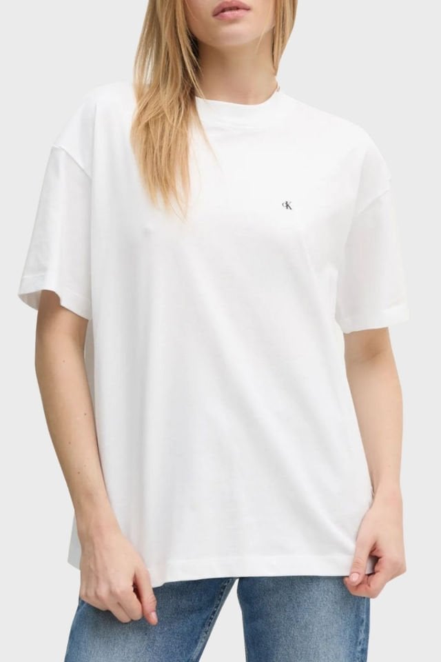 Calvin Klein Logo Baskılı % 100 Pamuk Relaxed Fit Bisiklet Yaka Bayan T Shirt Beyaz