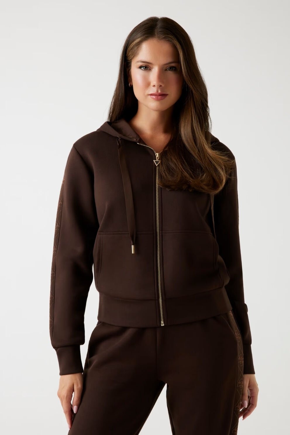 Guess Tam Fermuarlı Scuba Kumaş Kapüşonlu Sweatshirt Koyu Kahverengi