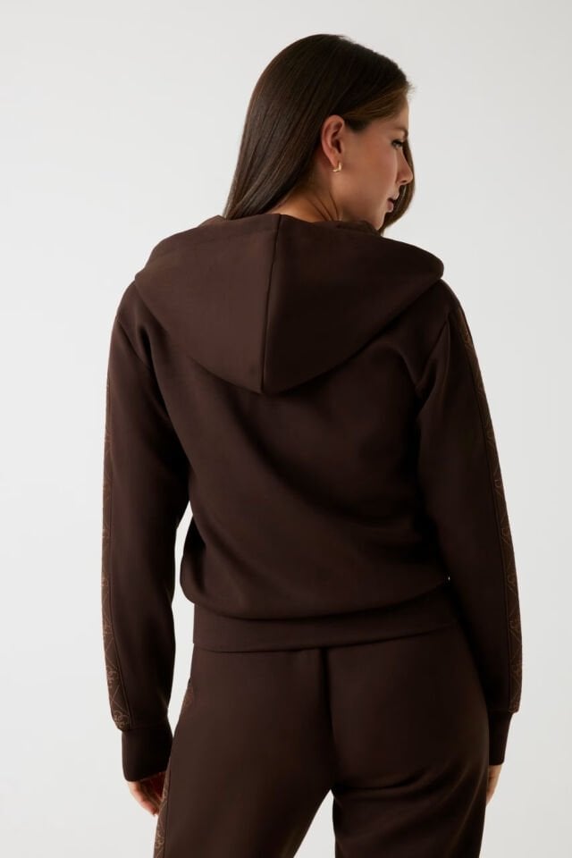 Guess Tam Fermuarlı Scuba Kumaş Kapüşonlu Sweatshirt Koyu Kahverengi
