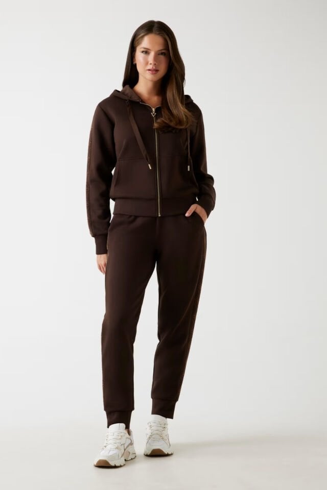 Guess Tam Fermuarlı Scuba Kumaş Kapüşonlu Sweatshirt Koyu Kahverengi