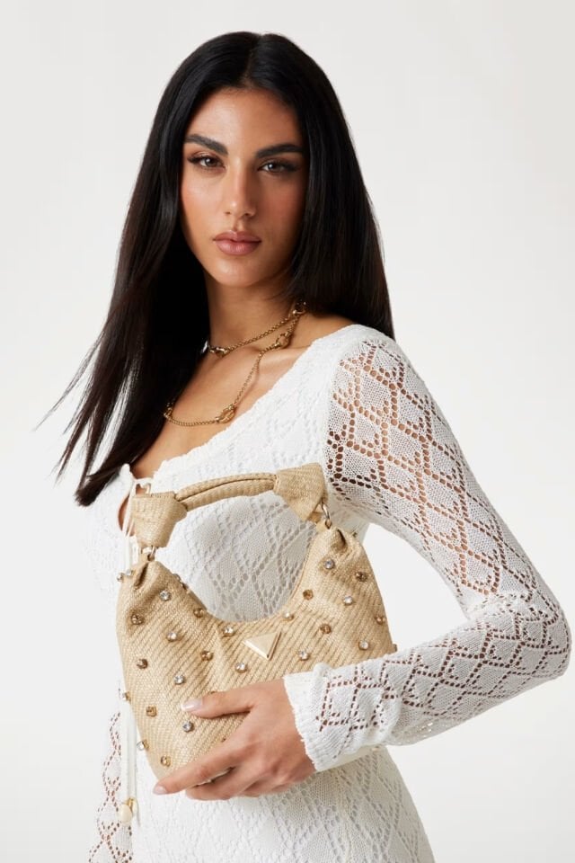 Guess Isotta Taş Detaylı Hobo Çanta Krem