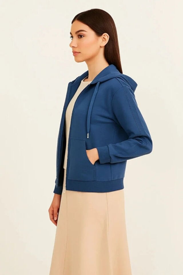 Guess Tam Fermuarlı Scuba Kumaş Kapüşonlu Sweatshirt Mavi