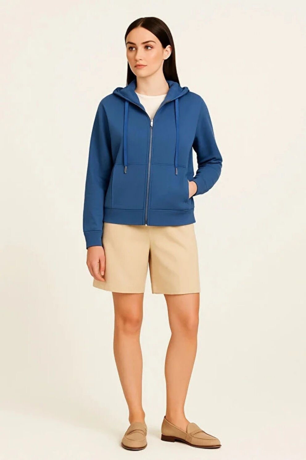 Guess Tam Fermuarlı Scuba Kumaş Kapüşonlu Sweatshirt Mavi