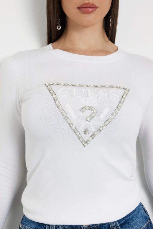 Guess Önde Taşlı Logolu Kazak Beyaz