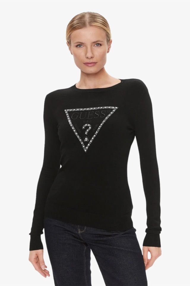 Guess Önde Taşlı Logolu Kazak Siyah