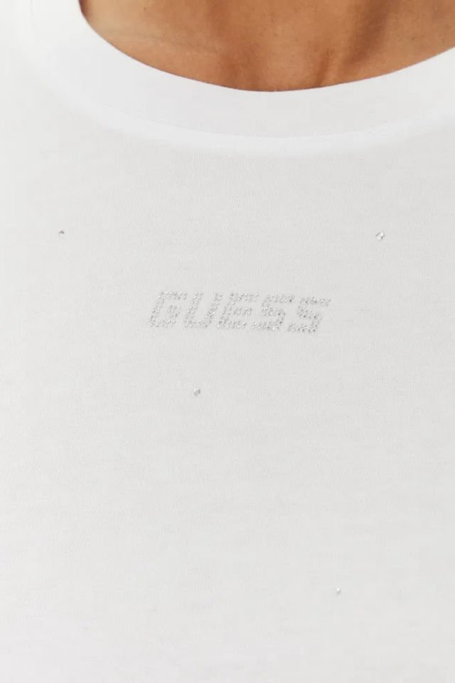 Guess Önü Taşlı Logolu T-shirt Beyaz