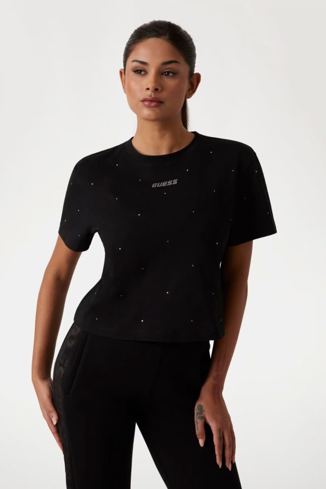 Guess Önü Taşlı Logolu T-shirt Siyah