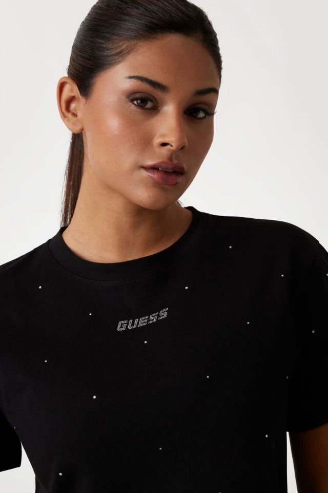 Guess Önü Taşlı Logolu T-shirt Siyah