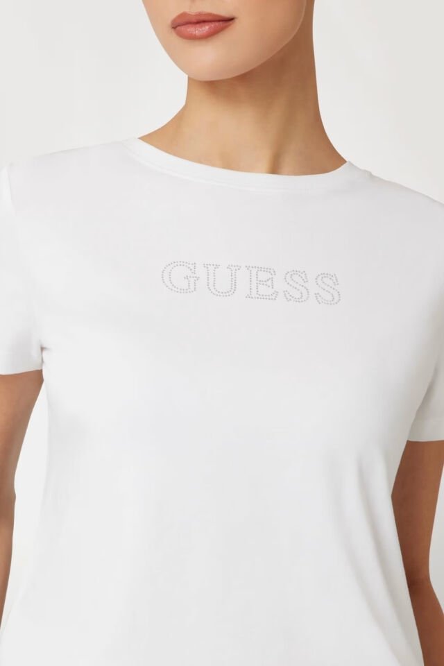 Guess Önü Yapay Elmaslı Logolu Tişört Beyaz
