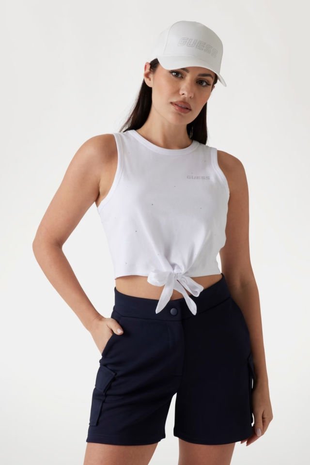 Guess Önü Düğümlü Crop T-shirt Beyaz
