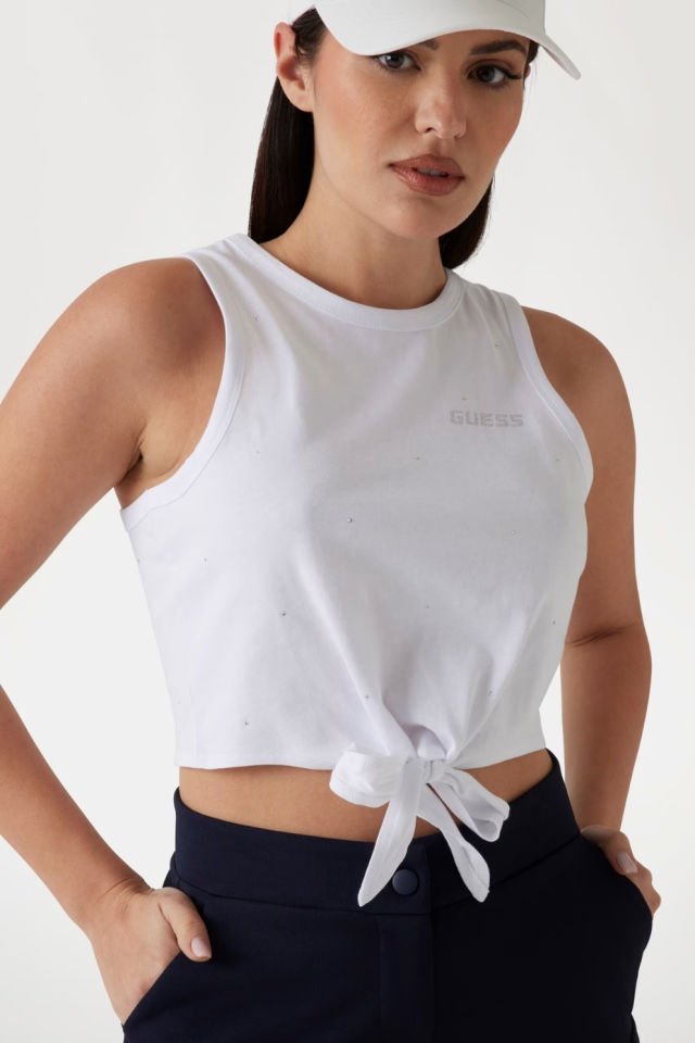 Guess Önü Düğümlü Crop T-shirt Beyaz