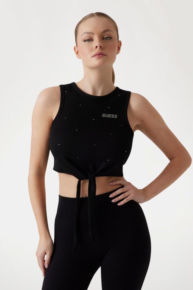 Guess Önü Düğümlü Crop T-shirt Siyah