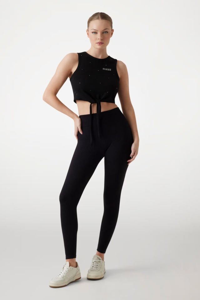 Guess Önü Düğümlü Crop T-shirt Siyah