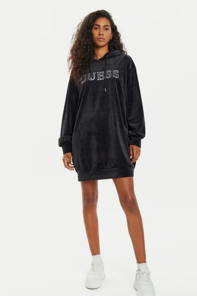 Guess Uzun Kadife Sweat Elbise Siyah